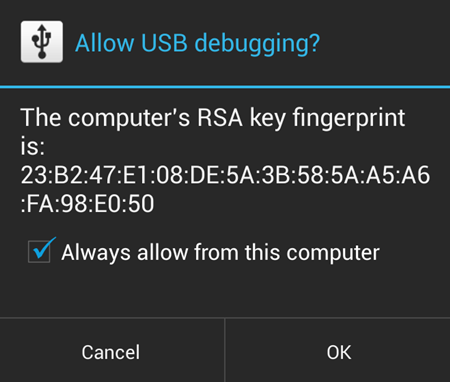 Authorize computer for USB Debugging