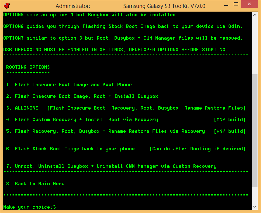 Samsung Galaxy S3 Root Options in Toolkit