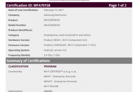 Samsung Galaxy J5 2017 (SM-J530FM) certified by WiFi Alliance