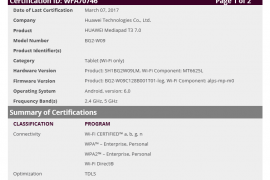 Huawei Mediapad T3 7.0 release should be close, certified by WiFi Alliance