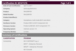 Galaxy J3 2017 (SM-J330F) certified by WiFi Alliance