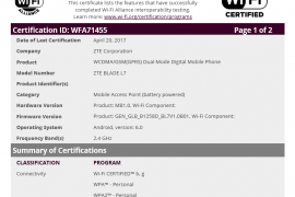 ZTE Blade L7 running on Android 6.0 Marshmallow certfifed by WiFi Alliance