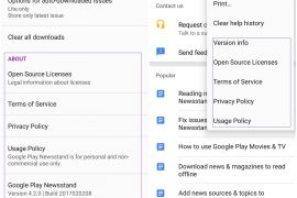 Google Play Newsstand relocates options under About to Help & feedback