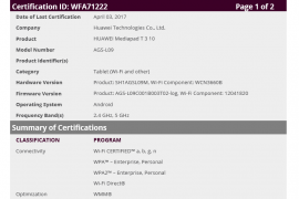 Huawei MediaPad T3 10-inch certififed by WiFi Alliance