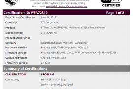 ZTE Blade A6 gets certified by WiFi Alliance, runs on Android 7.1.1 Nougat