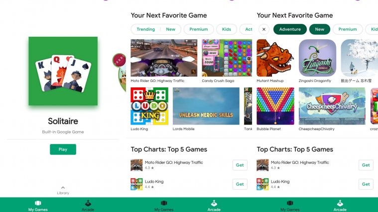Google Play games arcade menu