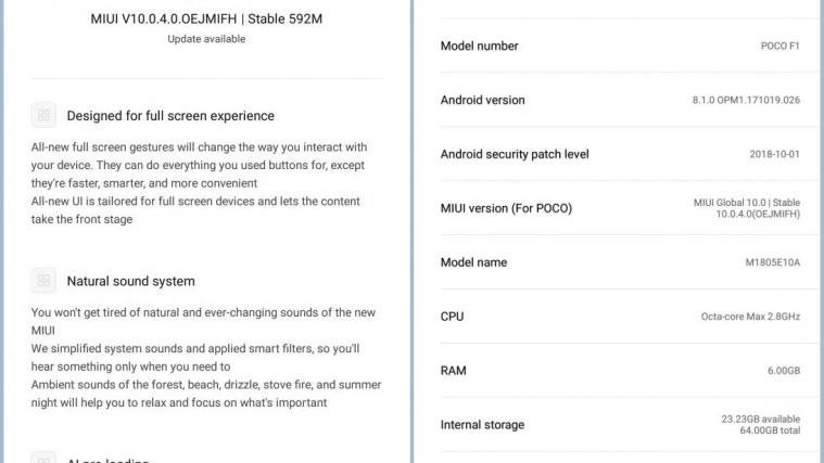Poco F1 MIUI 10 stable update