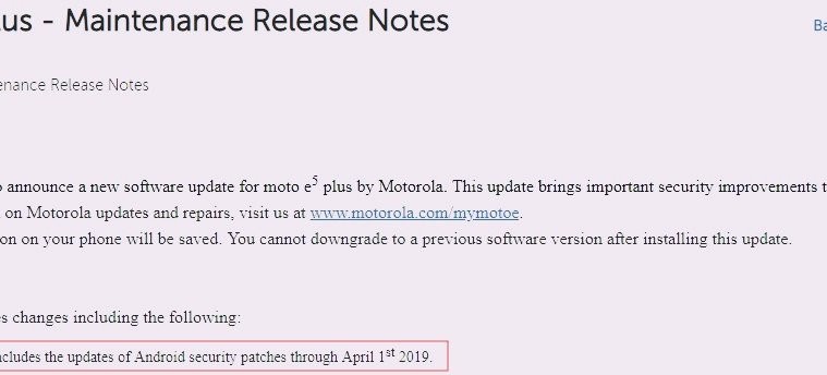 Moto E5 April 2019 security patch
