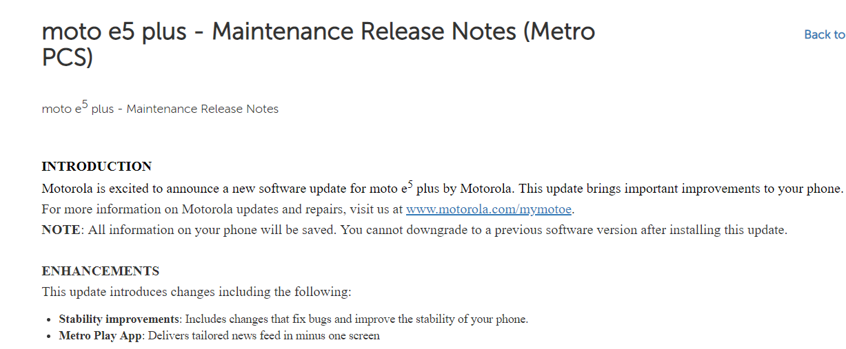 Moto E5 Plus MetroPCS update