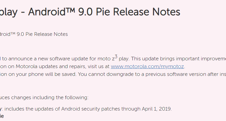 Moto Z3 Play Android Pie update USA