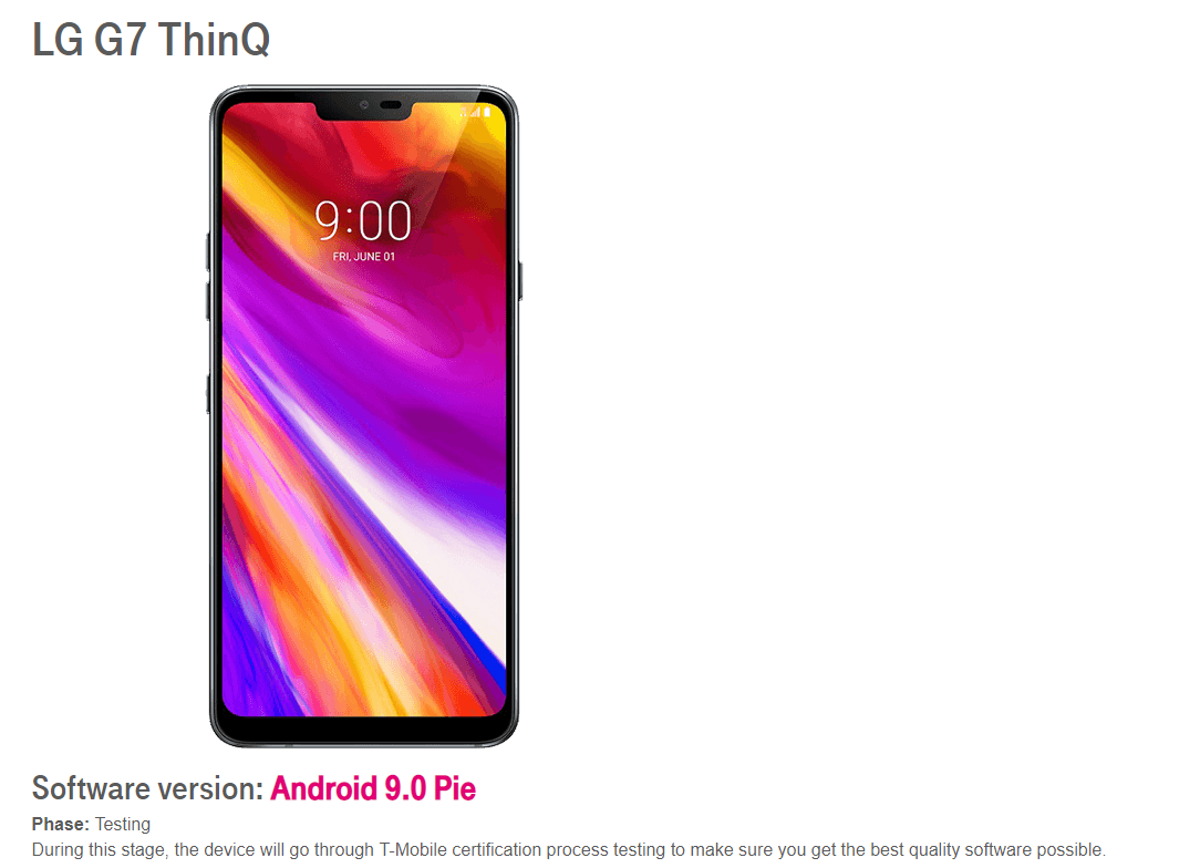 T-Mobile LG G7 Android Pie update testing