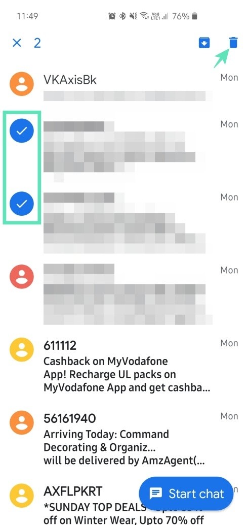 how to bulk delete messages on android