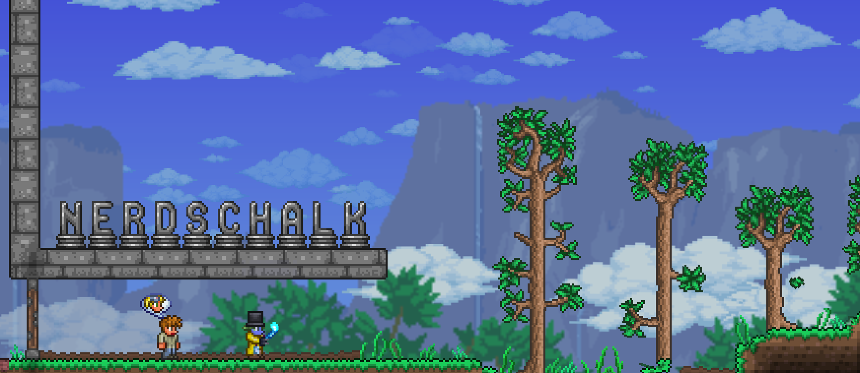 Terraria screenshot showing Nerdschalk, zoomed out.