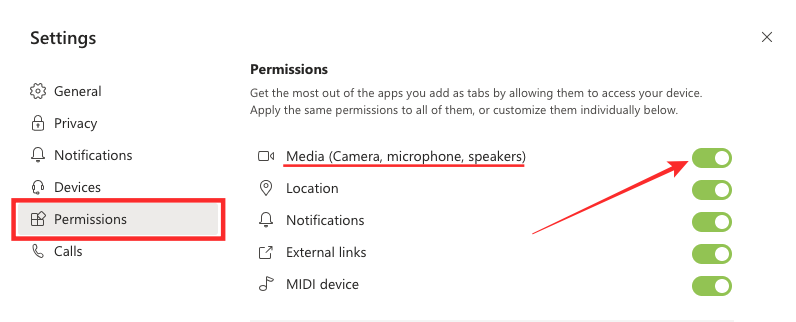 Check permissions settings for Microsoft Teams