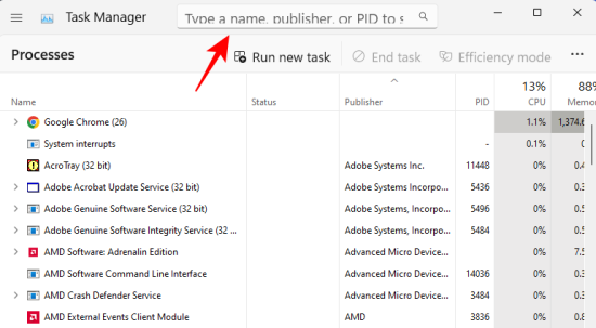 How to search a process using filters in Task Manager in Windows 11