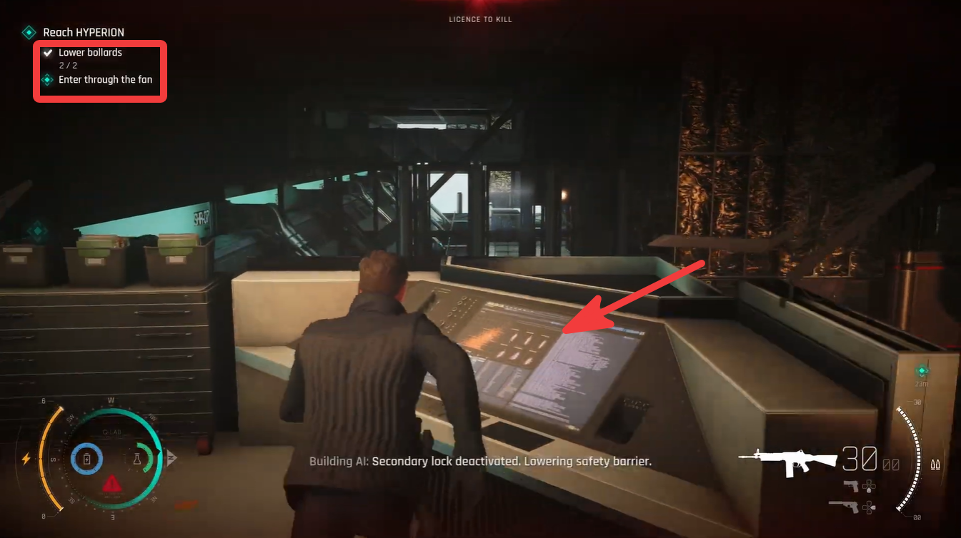 Bond looks toward an elevated platform containing one of the bollard controls required to unlock access to the ventilation fan section.