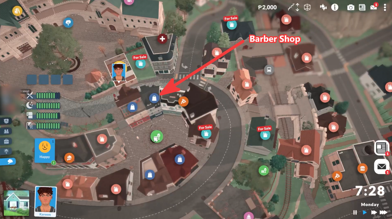 Map view showing the barber shop location near the town center and railway area in Paralives