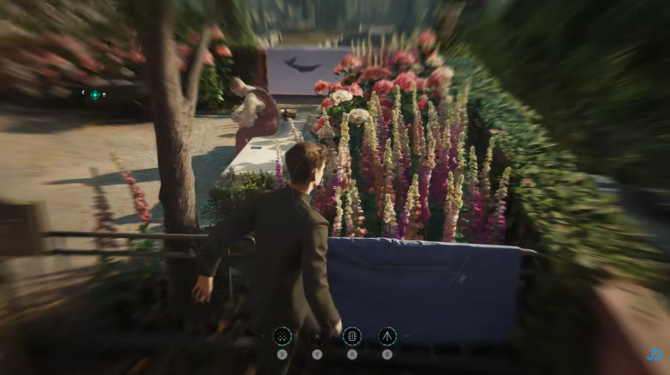 Stealth concealment using garden flowers during hotel infiltration mission in 007 First Light