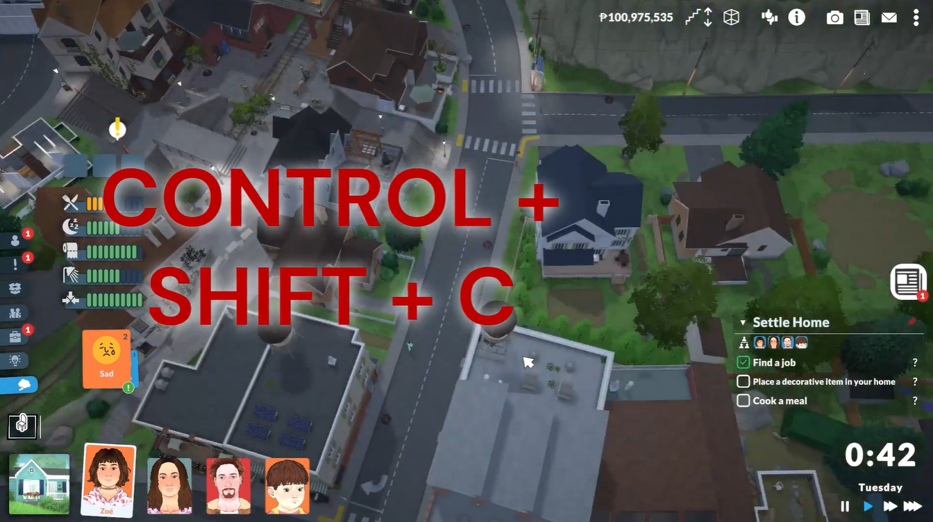 Paralives cheat menu opened using Ctrl + Shift + C keyboard shortcut to enable town editing commands.