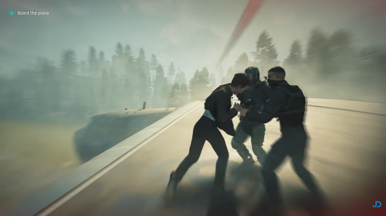 Open cargo door escape scene with strong wind effects in 007 First Light