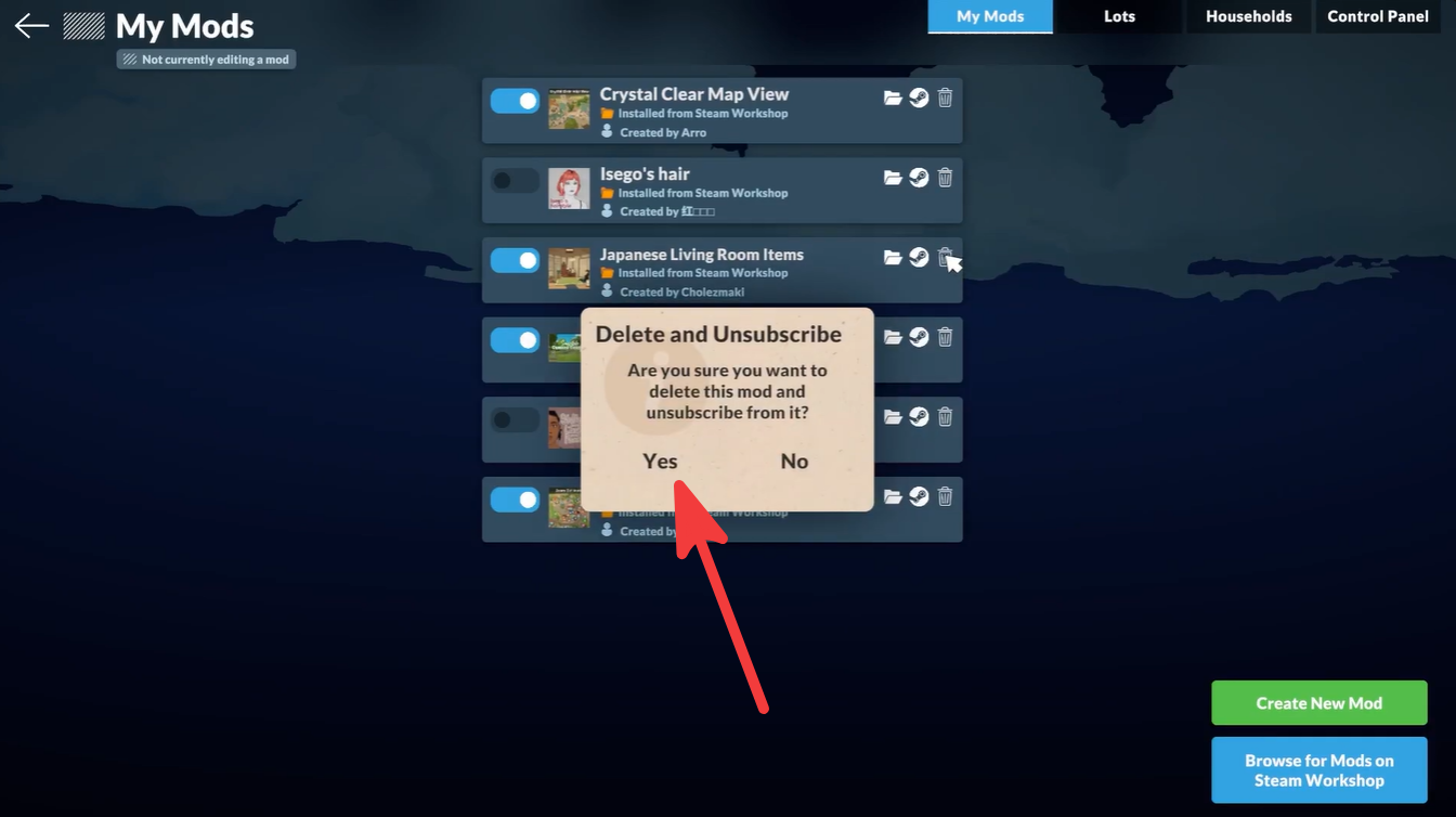 Paralives confirmation popup asking whether to delete and unsubscribe from a selected mod.