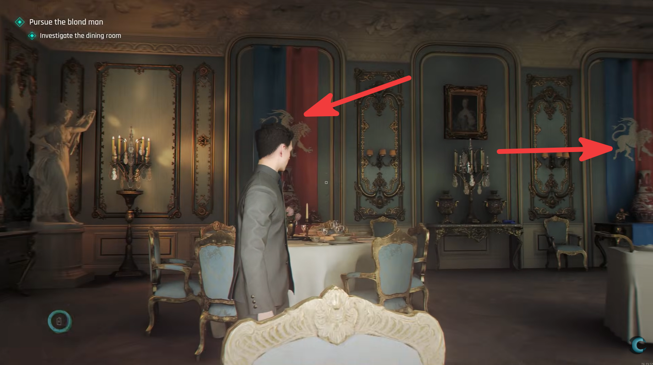 James Bond examining the chimera mural clue beside red and blue banners in Chapter 8 of 007 First Light