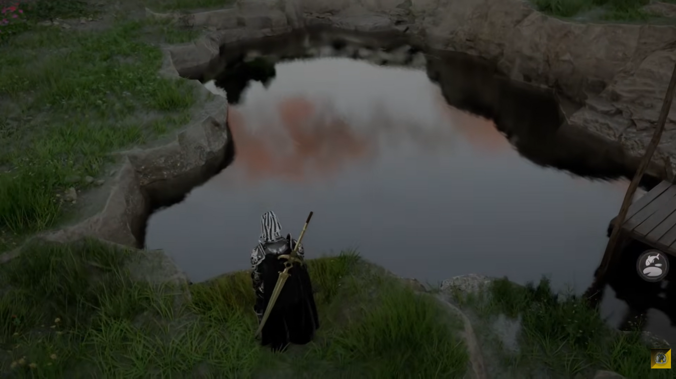 Crimson Desert Patch 1.08 pond system overview showing a player camp pond filled with fish