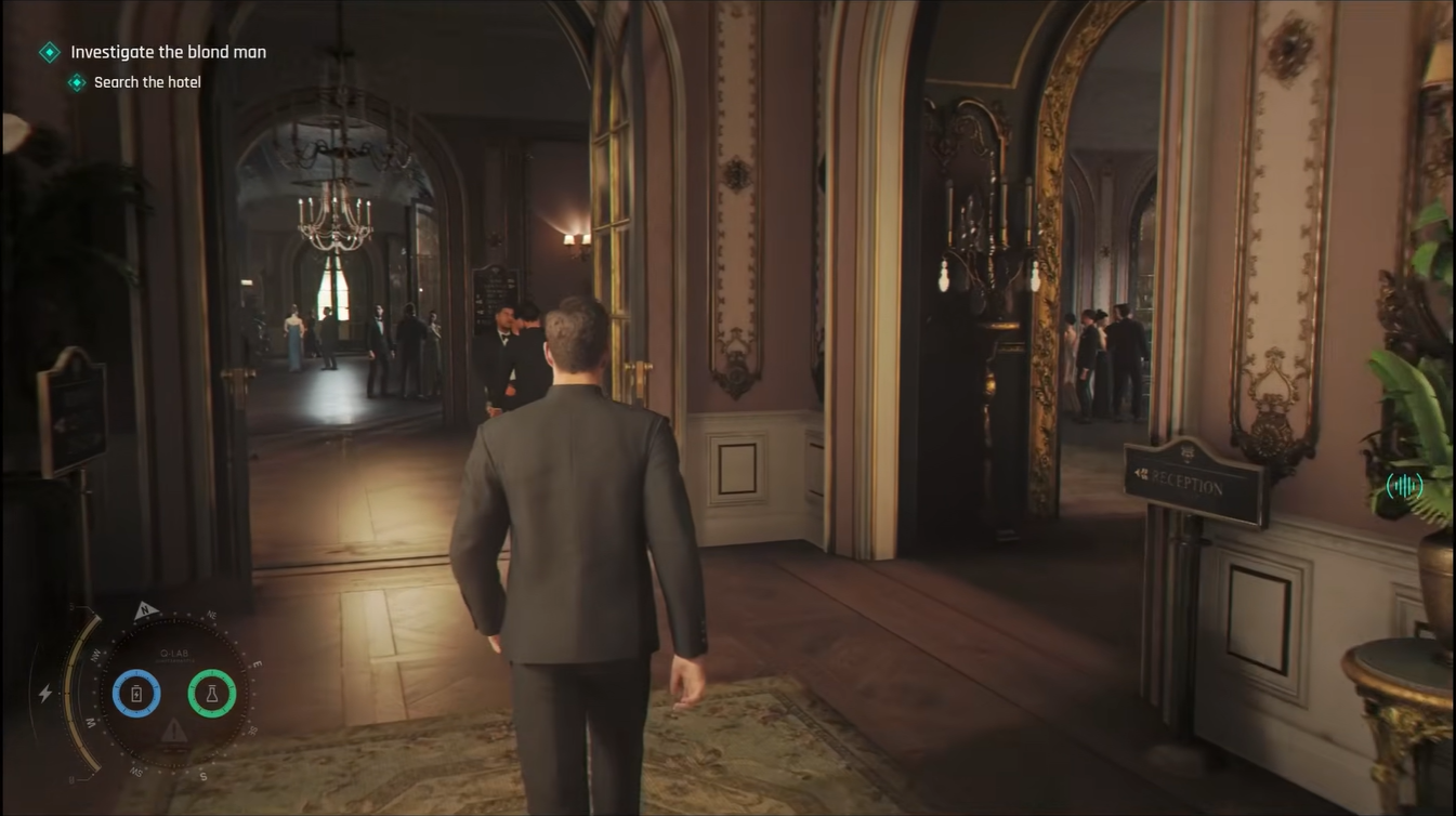 007 First Light player investigating the hotel lobby to find the blond man clue