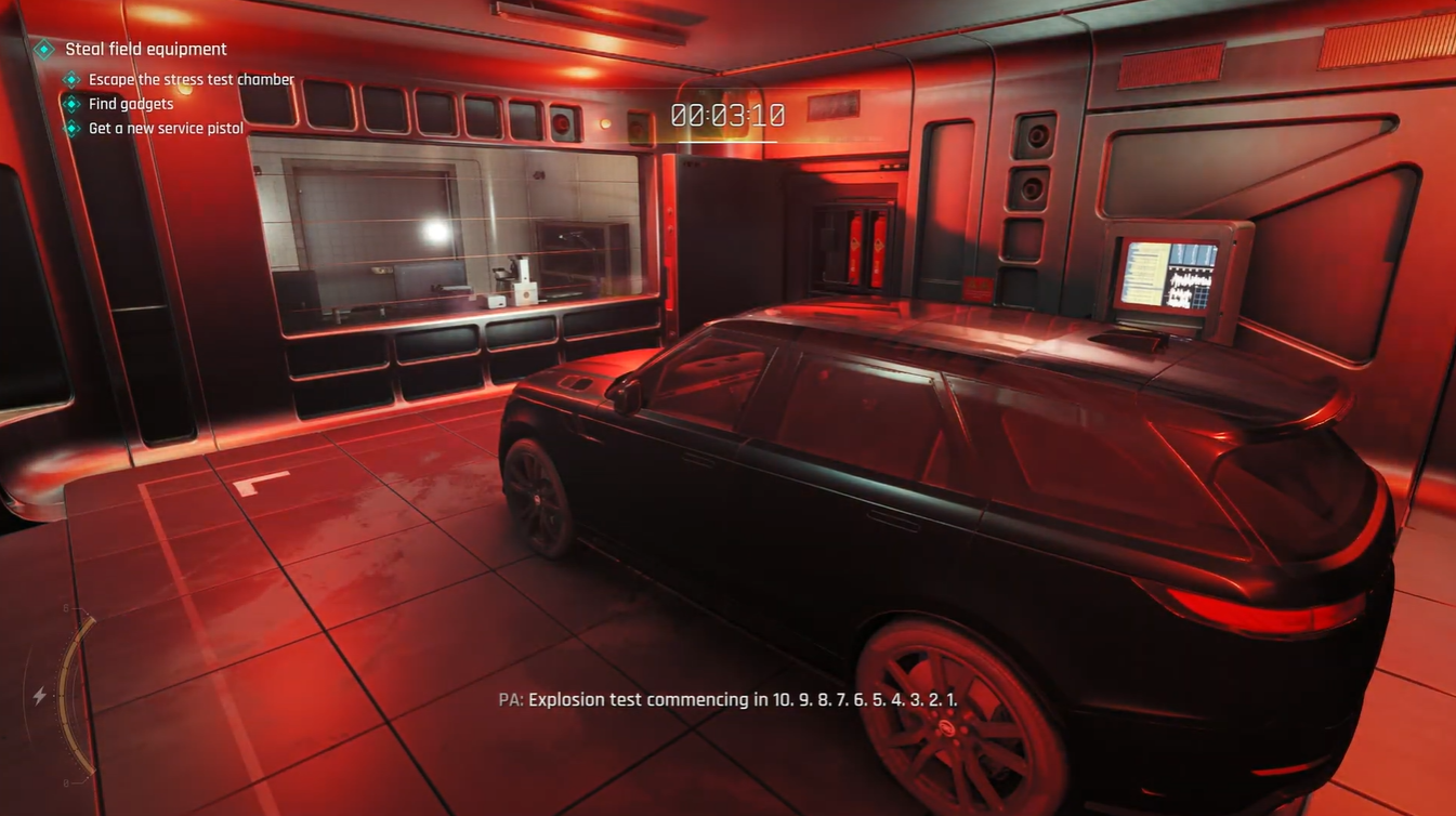Vehicle positioned inside the explosion testing room after the chamber wall has been breached, revealing the next stage of the escape puzzle and access to the control area.