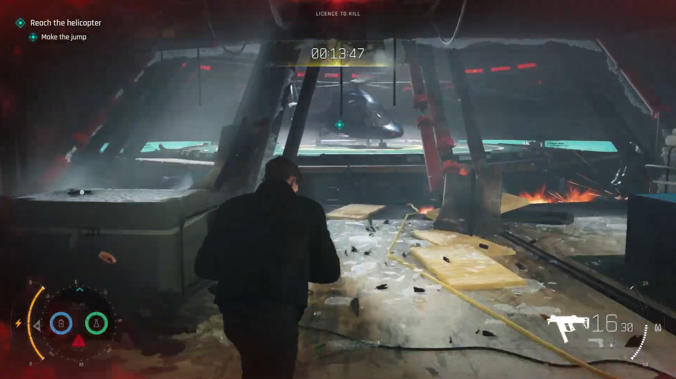 Bond sprinting through a damaged hangar toward the helicopter during the timed objective, with the countdown visible and debris scattered across the floor.