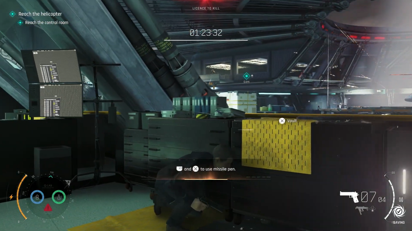 Taking cover behind the flight control station with the missile pen tutorial prompt displayed, while preparing to engage enemies across the hangar.