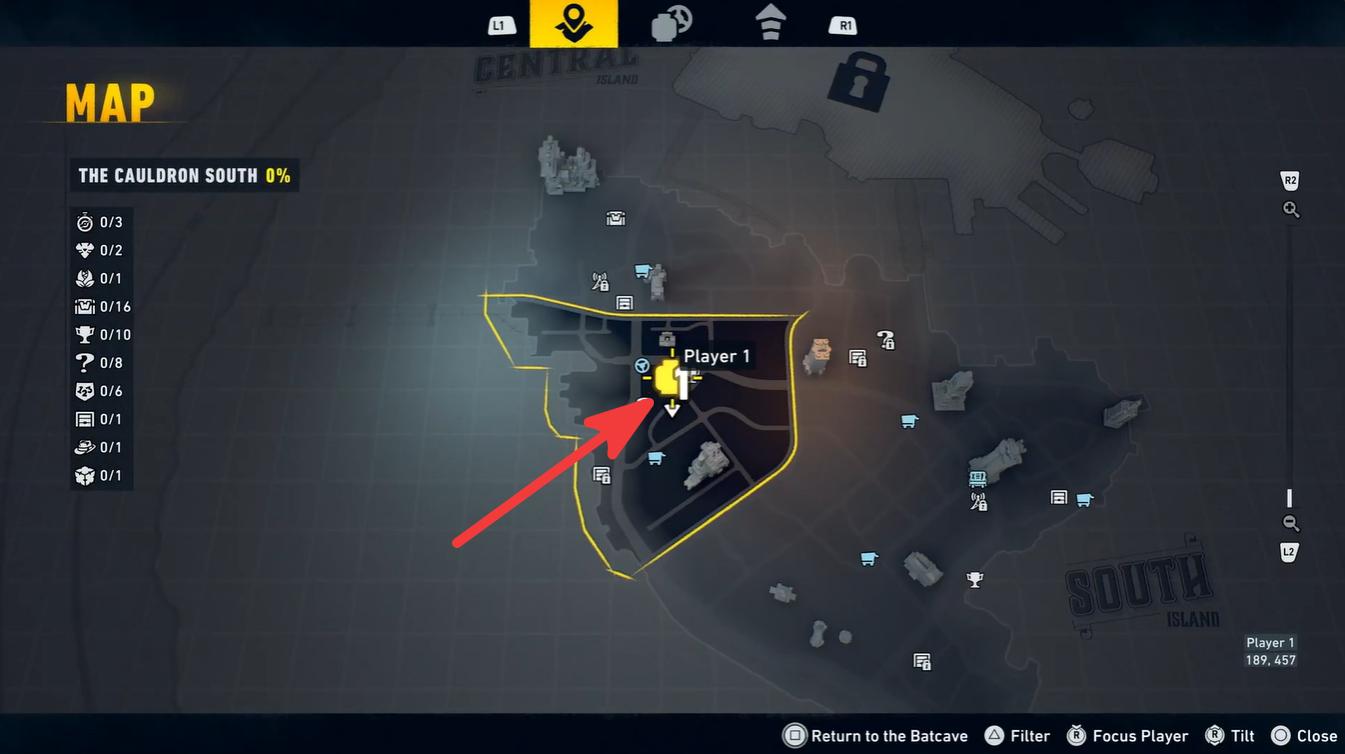 Map view showing the blocked roadway and Mime Van checkpoint location in LEGO Batman Legacy of the Dark Knight