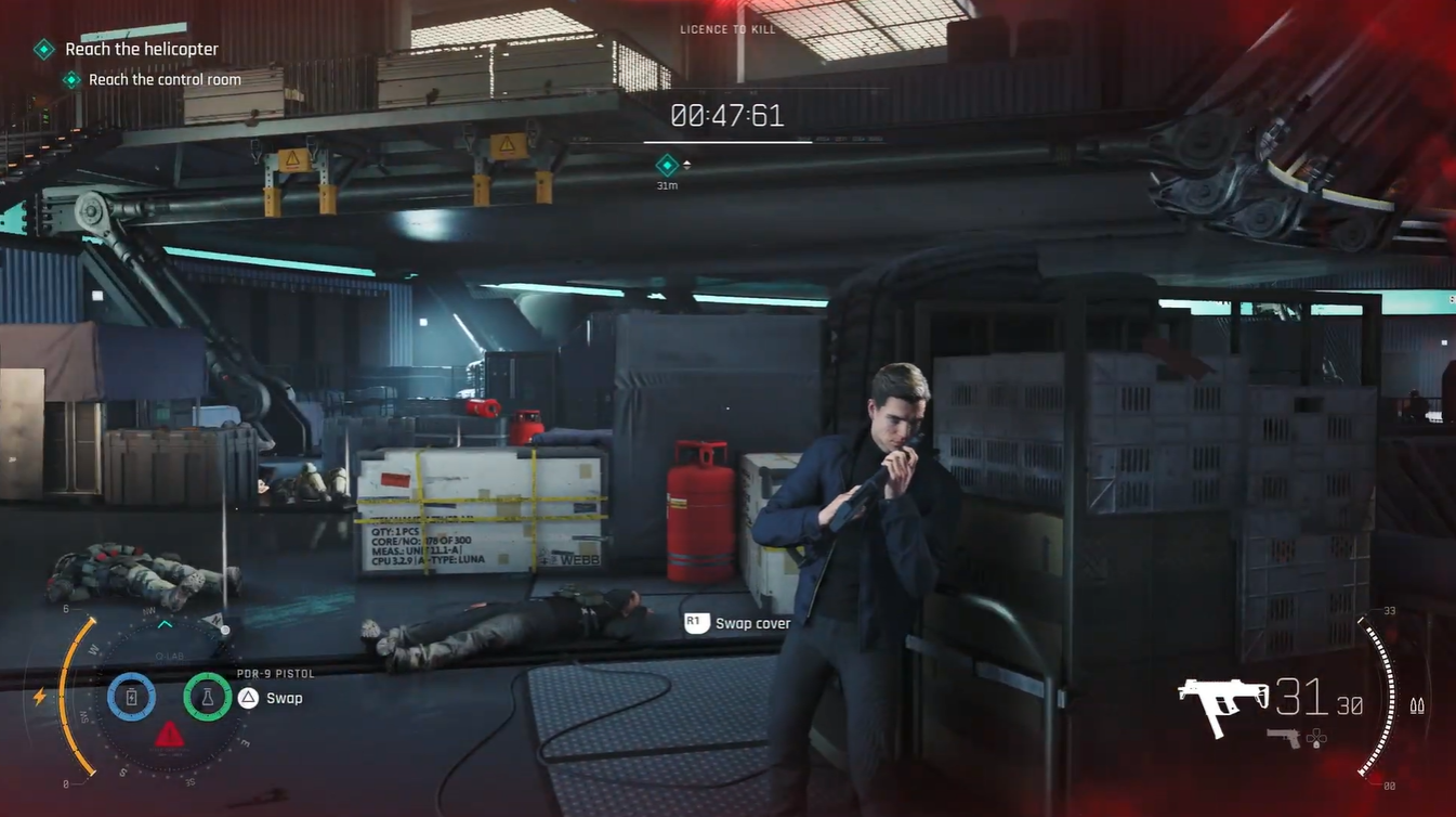 Bond taking cover behind cargo containers and equipment in the hangar while eliminating hostile guards and advancing toward the control room objective.
