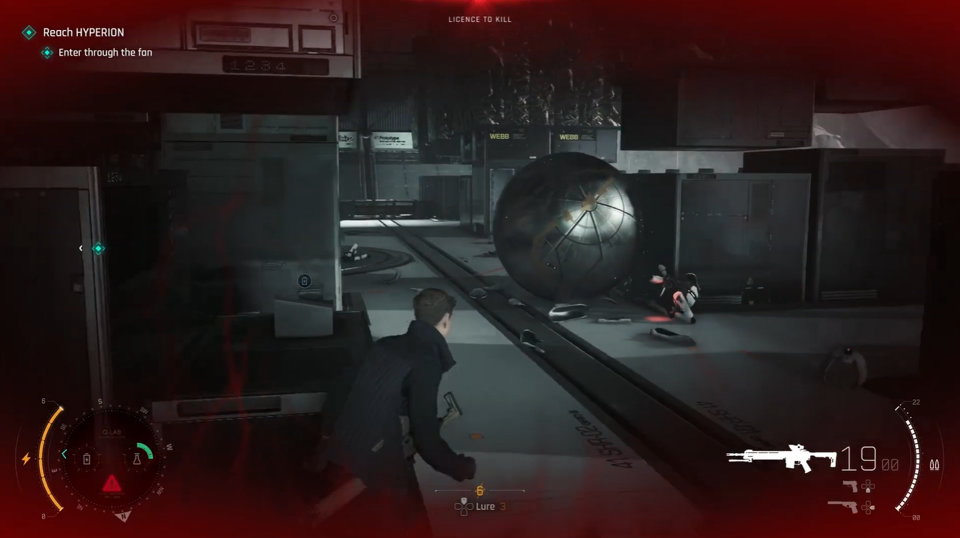 Bond takes cover near the now-mobile metallic sphere while damaged androids and debris litter the floor after a successful sphere attack.