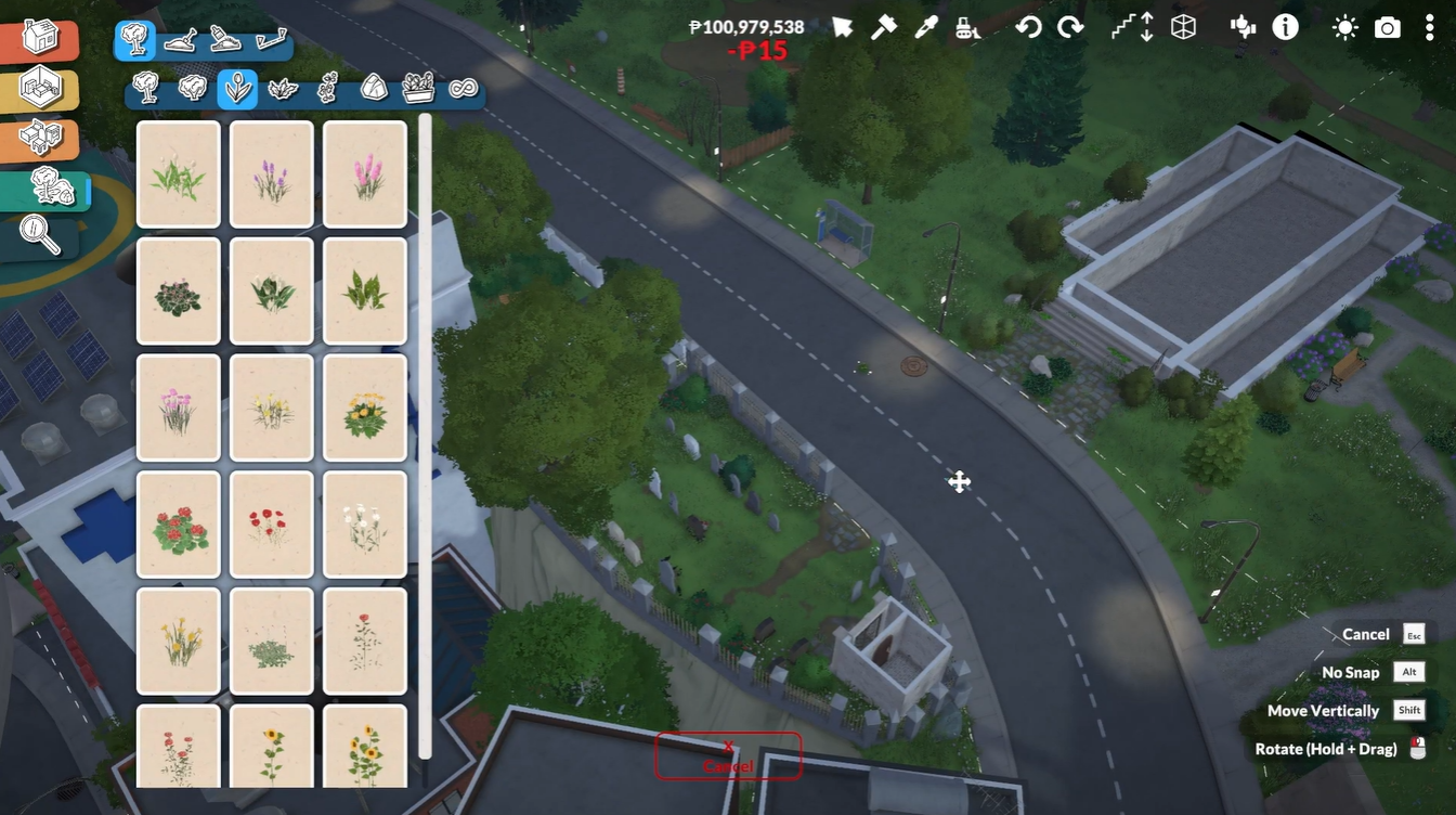 Landscaping and decorative plants being placed freely in town after enabling the build anywhere cheat in Paralives.