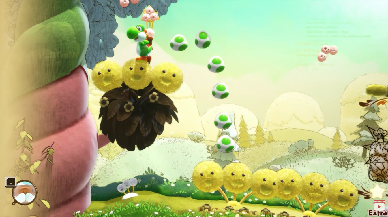 Yoshi using Scatterpuffs to grow giant flowers on the far-left cliff in Wildwoods.