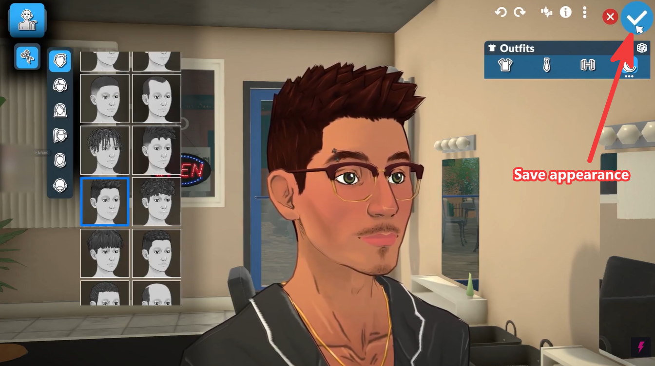Paralives hairstyle customization menu with multiple haircut options and save appearance checkmark button highlighted inside the barber shop