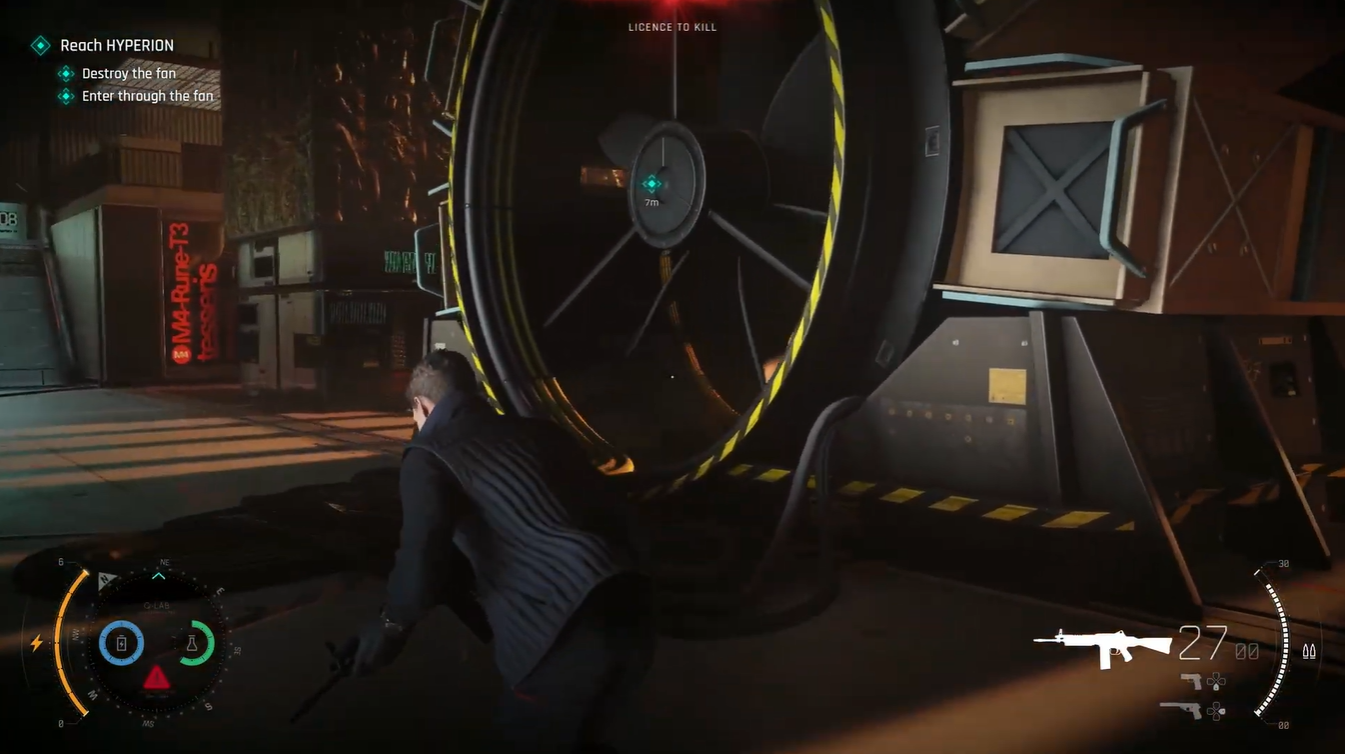 The metallic sphere is guided directly toward the giant ventilation fan while several hostile androids remain nearby, creating an opportunity to eliminate enemies before destroying the fan.