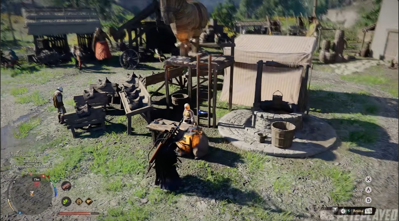 Merchant vendor menu at Equinsher Saddlery displaying the leather Deer Saddle item attributes and gold cost.