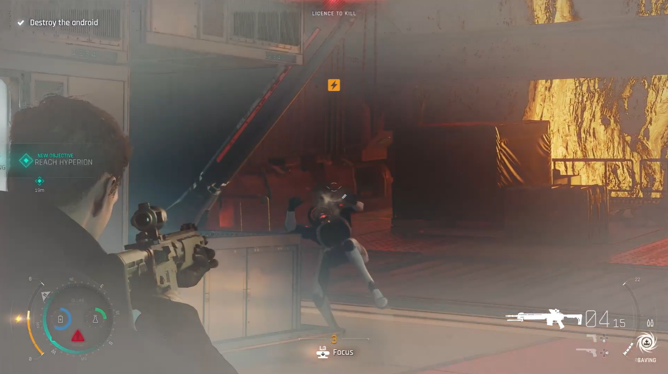 The android collapses after sustained gunfire to its exposed weak point, completing the objective and unlocking the path to Hyperion.