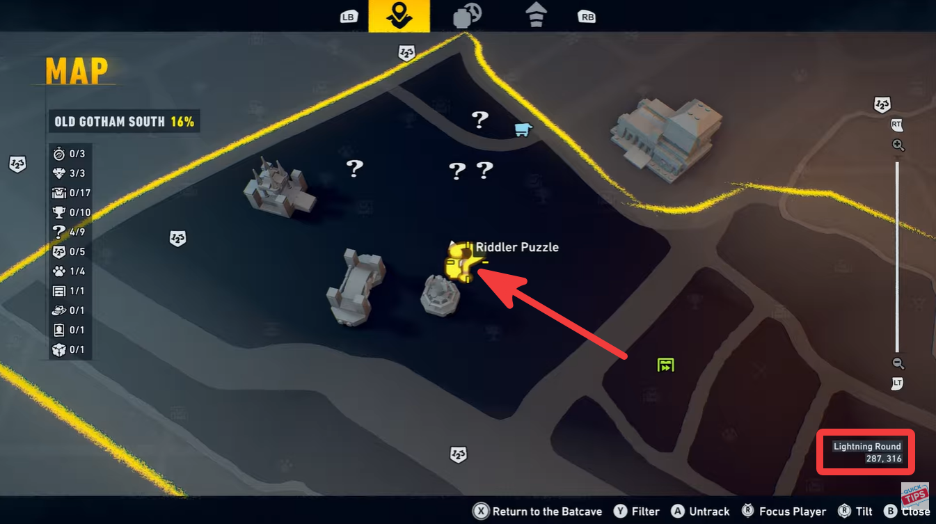 Map location of the Riddler Puzzle - Lighting Round - LEGO Batman: Legacy of the Dark Knight