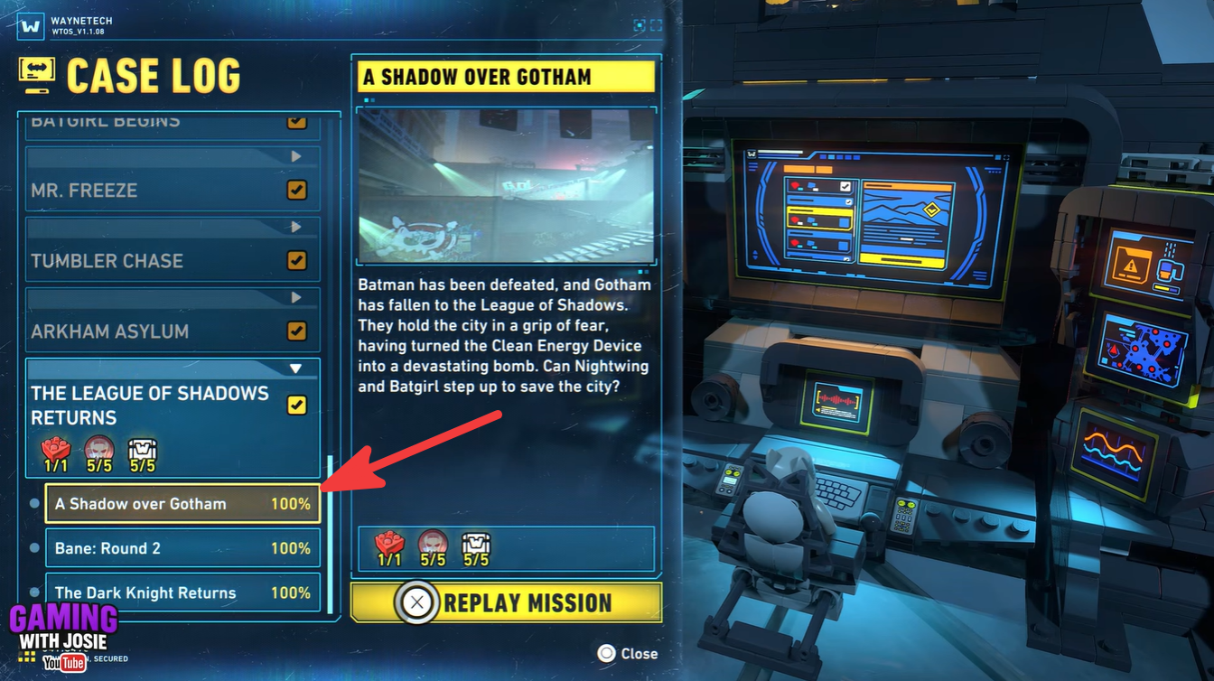 Chapter selection screen showing A Shadow Over Gotham replay option in LEGO Batman Legacy of the Dark Knight