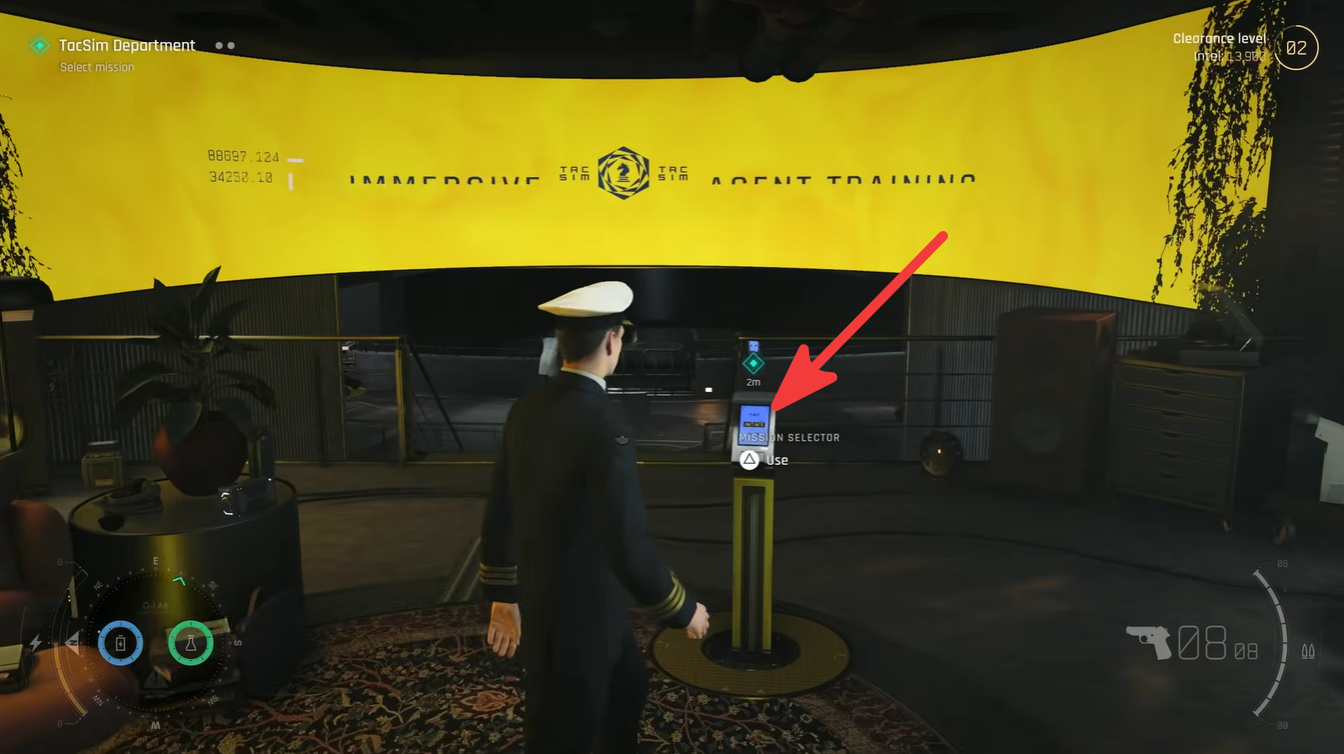 Player approaching the Mission Selector terminal inside the TacSim Department, with an arrow indicating the console used to choose an Operation mission.