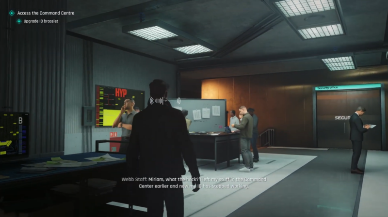 Bond eavesdropping on Webb staff conversations near the Security Office to gather intel during the Access the Command Centre mission