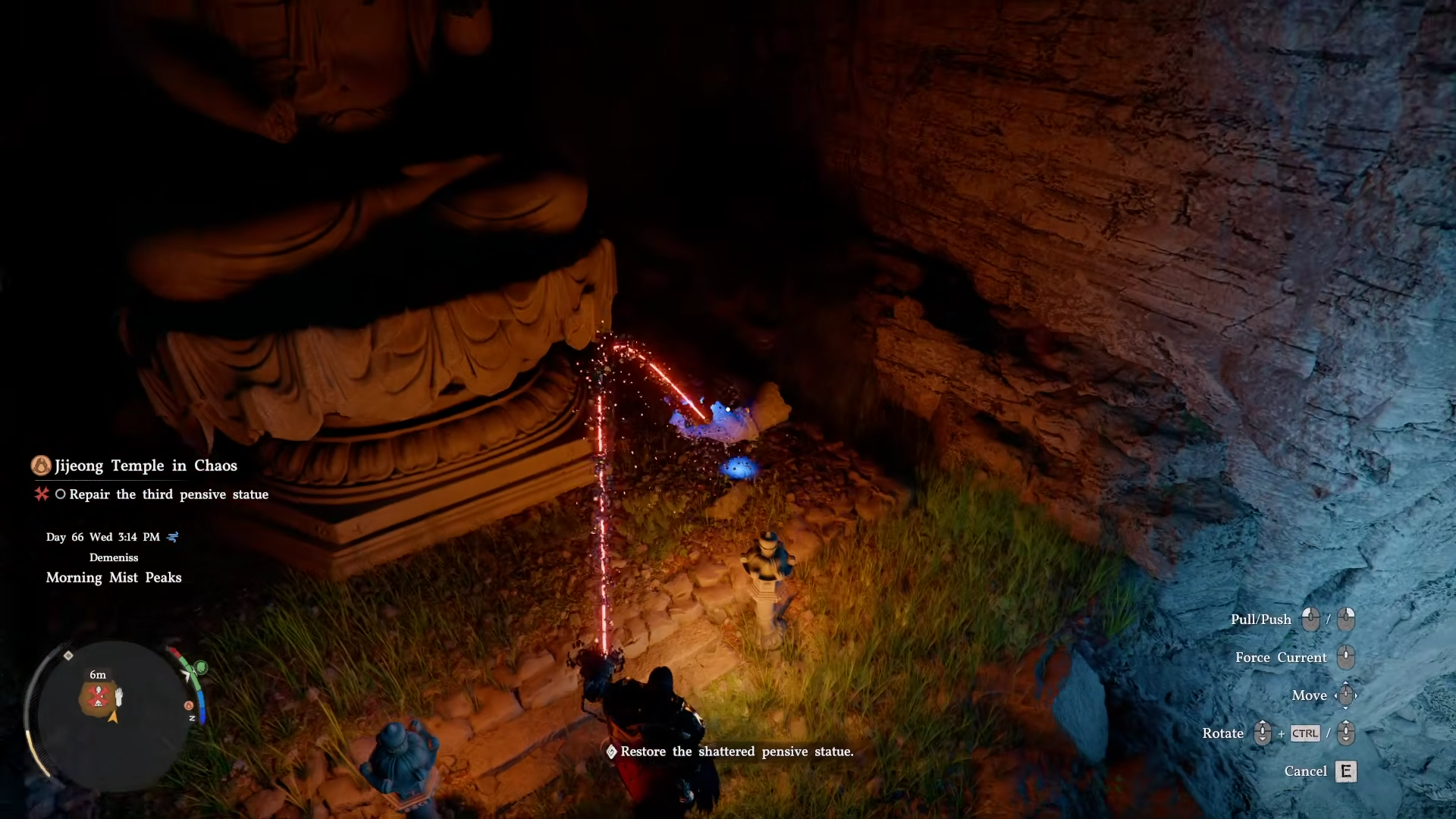 Using Axiom Force to pick up the left hand of the Third Pensive Statue in Crimson Desert.