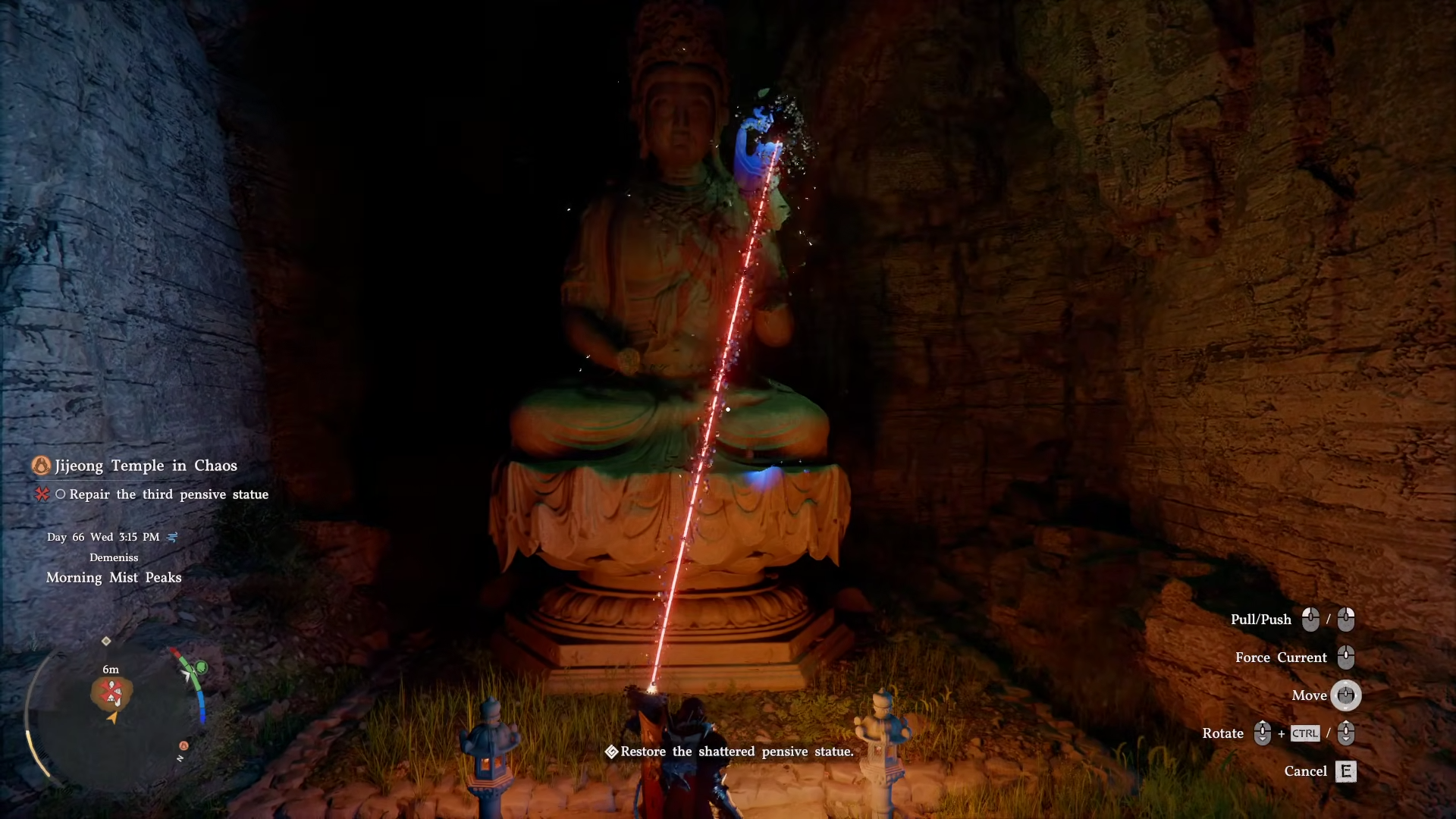Using Axiom Force to attach the left hand of the Third Pensive Statue in Crimson Desert.