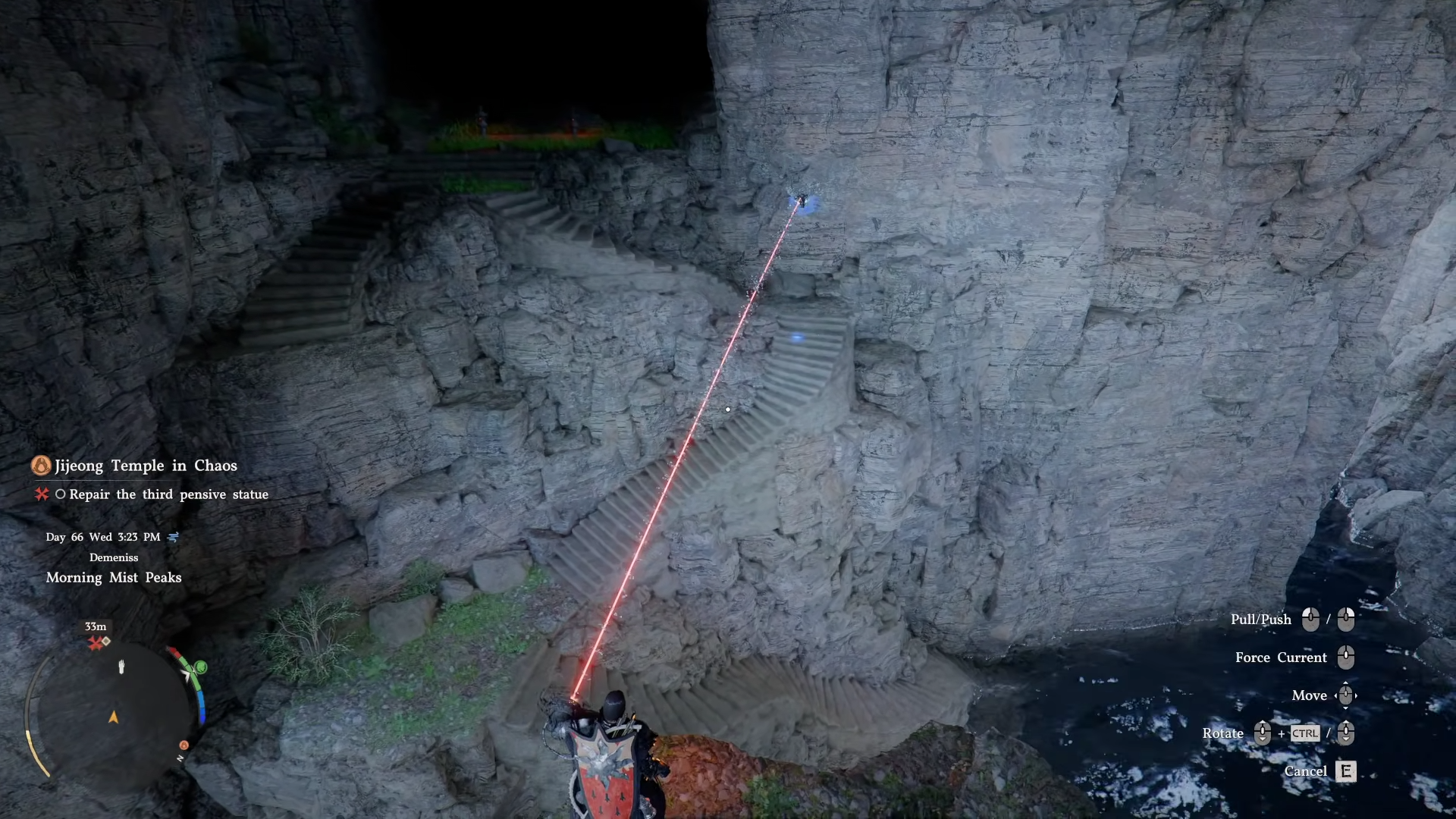 Use Axiom Force to carry the right hand of the Third Pensive Statue from the cliff across in Crimson Desert.