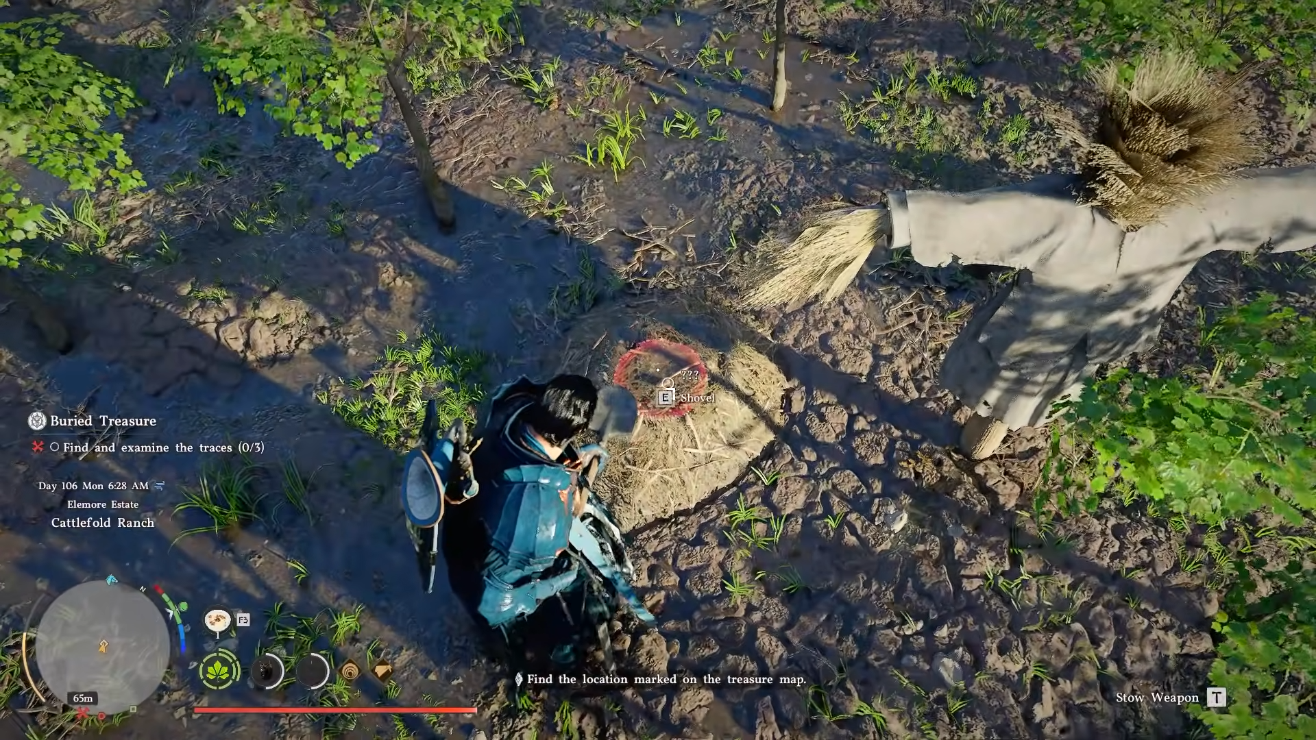 Character using shovel to dig the mound near a scarecrow in Crimson Desert.