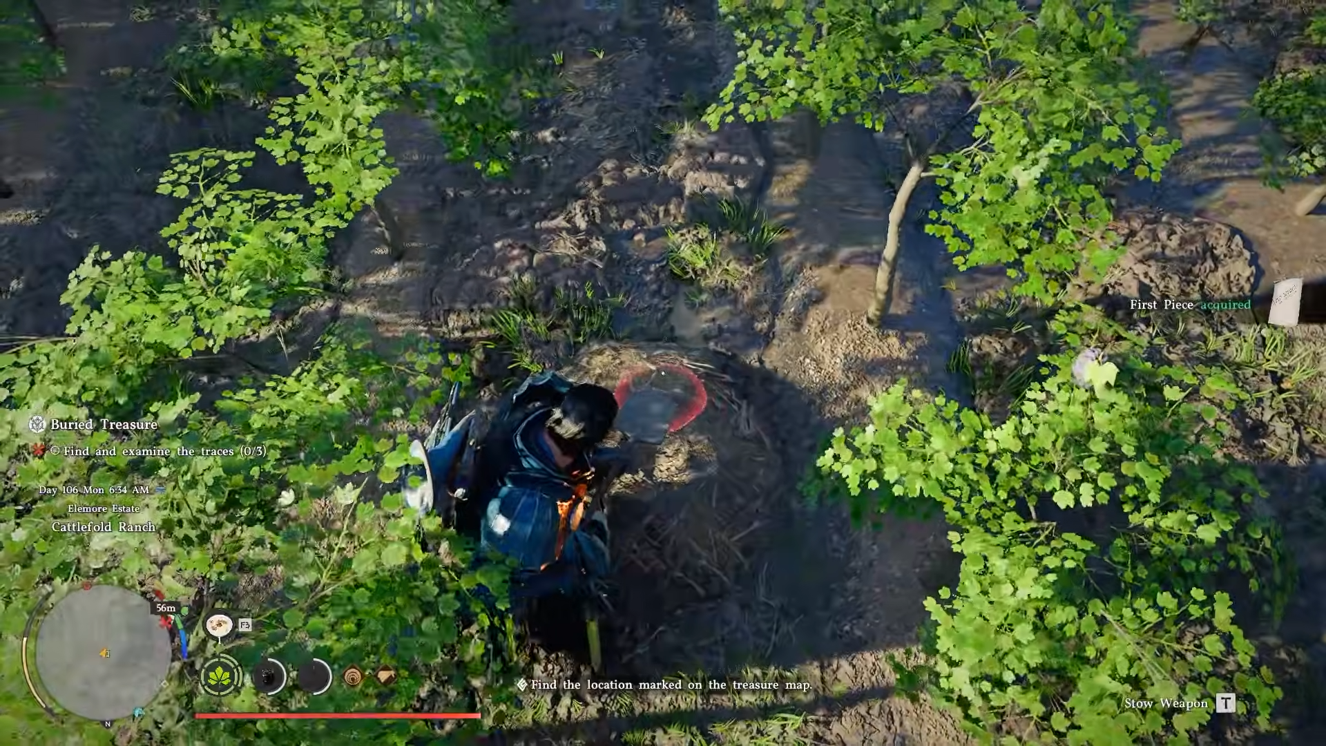 View of character using a shovel to dig a mound in a farm in Crimson Desert.