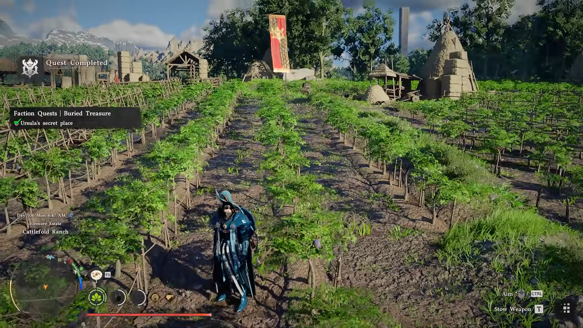 Character standing in a field having finished Ursula's secret place quest in Crimson Desert.